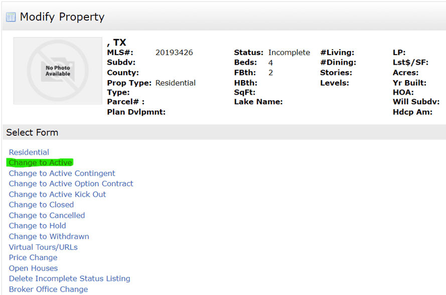 Matrix Listing Change to Active